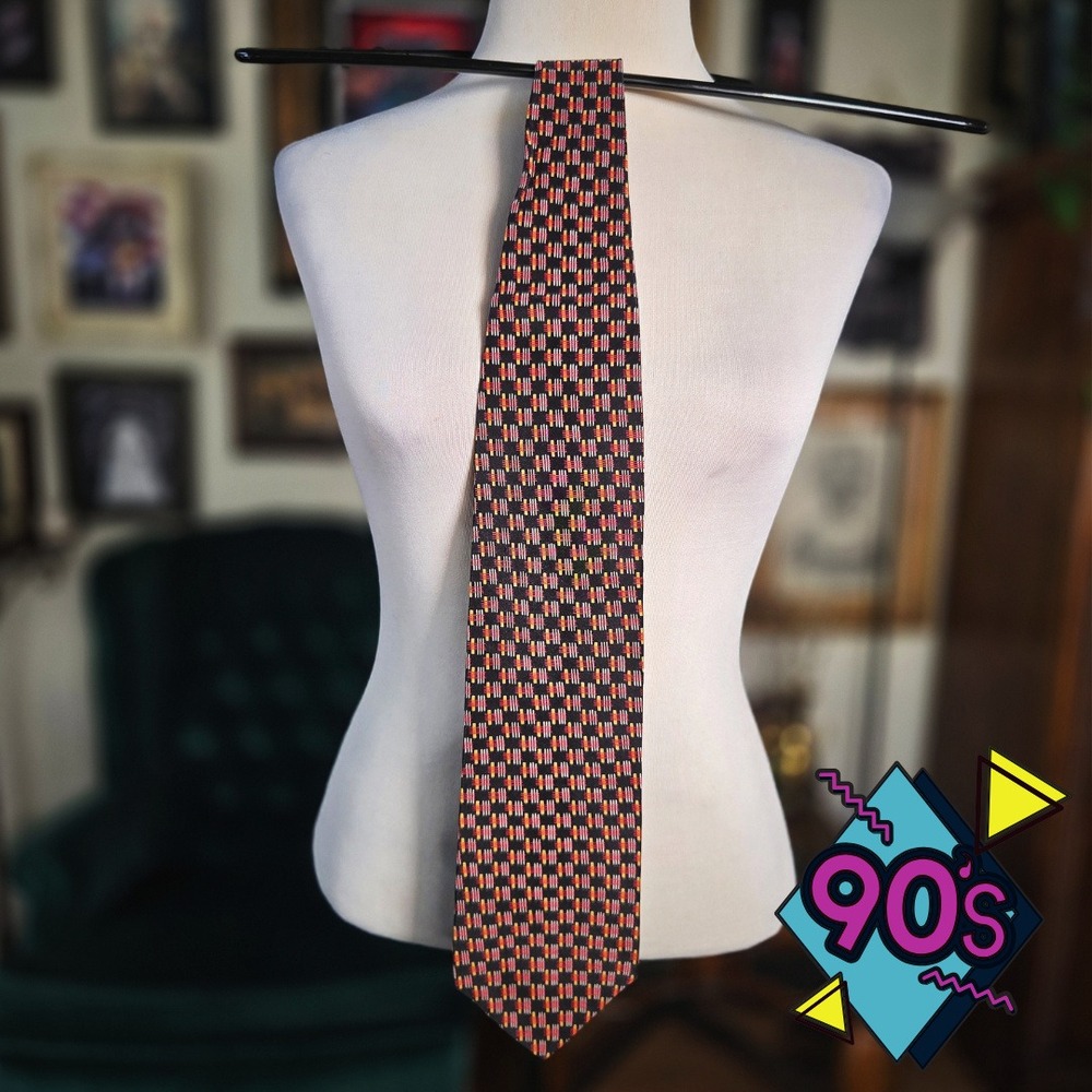 Structure Silk Tie Vintage 90s Mens Geometric Abstract Red Yellow Black USA Made